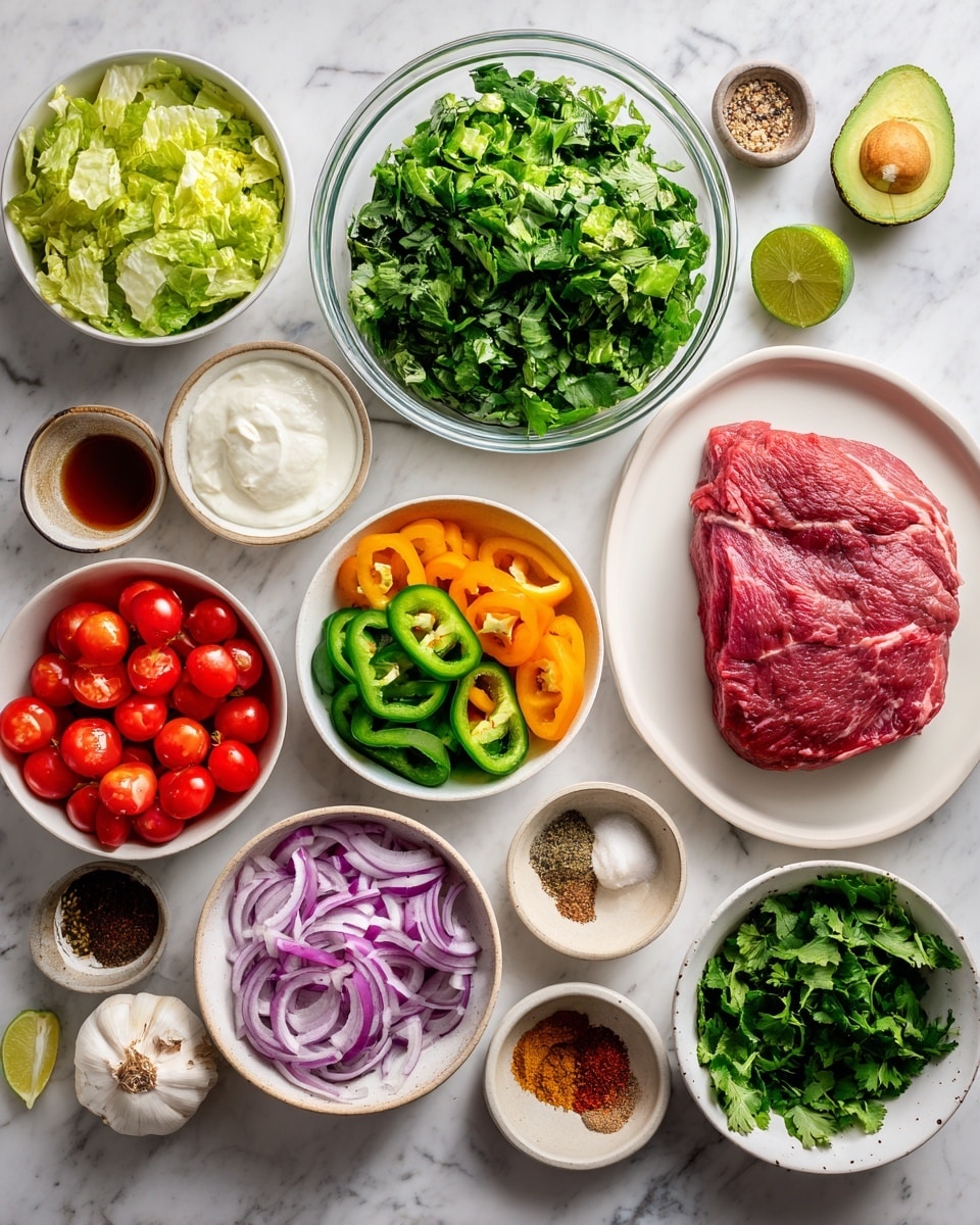 The image shows many bowls and plates of fresh ingredients neatly arranged on a white marbled surface. On the top right is a large piece of red raw meat on a white plate. Next to it, on the left, is a big glass bowl filled with chopped green lettuce, and below it, another bowl with leafy greens. In the center, a white bowl holds sliced green and orange bell peppers. Around these are smaller white bowls with sliced purple onions, halved cherry tomatoes, chopped cilantro, minced garlic, an avocado, lime fruits, various spices in shades of red, brown, and black, oil, and white creamy sauce. Everything is clean and bright, with fresh colors and textures. photo taken with an iphone --ar 4:5 --v 7