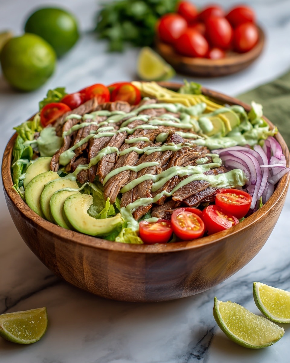 A large wooden bowl filled with a colorful layered salad sits on a white marbled surface. The bottom layer is bright green lettuce, with slices of light green avocado and lime wedges around the edges. Scattered on top are small red cherry tomatoes and thin slices of purple onion. The top layer features several strips of cooked brown meat drizzled with a creamy green dressing, adding a smooth texture and color contrast. The background shows a bowl of fresh green herbs, bright red cherry tomatoes, and a whole lime. photo taken with an iphone --ar 4:5 --v 7