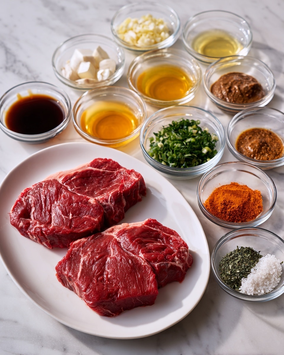 Two raw deep red steaks with marbling sit on a white oval plate on the left. To the right, there are 14 small clear glass bowls arranged in three rows on a white marbled surface. The bowls hold various ingredients: pale yellow liquid, finely chopped garlic, small white chopped pieces, amber brown liquid, translucent light liquid in the top row; dark brown sauce, a thick clear liquid, light brown mushy paste, reddish spice mix in the middle row; orange paste, dark brown paste, finely chopped green herbs, and small white grains in the bottom row. The layout is neat and organized. Photo taken with an iphone --ar 4:5 --v 7