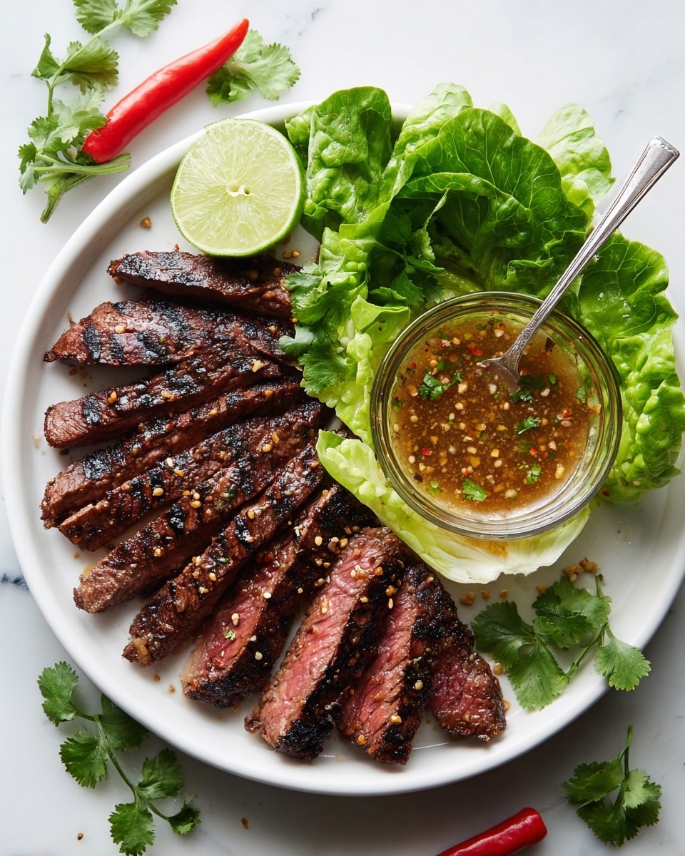A round white plate sits on a white marbled surface, holding a dish with three layers of sliced grilled steak forming a semi-circle, showing a dark brown outer crust with pinkish-red inside and some charred grill marks. Inside the steak semi-circle on the right side, there is a fresh green lettuce leaf base holding a small clear glass bowl filled with a light brown sauce speckled with herbs and seeds, with a silver spoon resting inside the bowl. Above the lettuce and bowl sits a half lime with a pale green inside. A red chili and sprigs of cilantro are scattered around the plate on the white marbled surface. Photo taken with an iphone --ar 4:5 --v 7