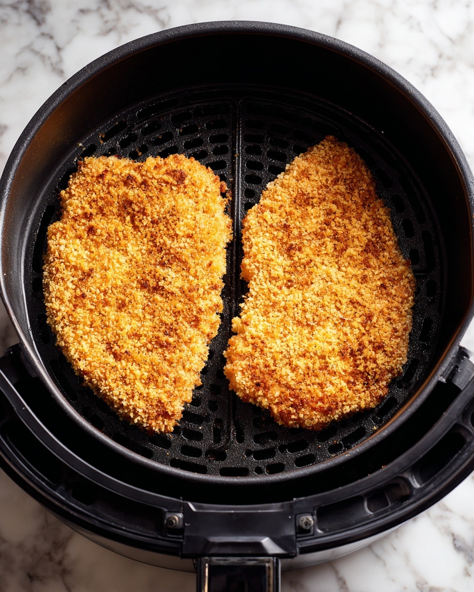 Inside a black air fryer basket, there are two pieces of breaded meat placed side by side. Each piece has a rough, grainy texture with a light brown and golden color from the breading. The basket has a round shape with ridged sections and small holes for air circulation. The air fryer is set against a white marbled surface. Photo taken with an iphone --ar 4:5 --v 7