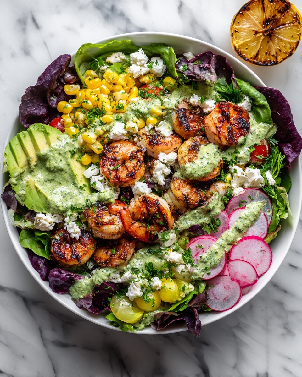 A white bowl filled with a colorful salad on a white marbled surface, layered with dark purple and bright green mixed leaves at the bottom, topped with charred grilled shrimp with pink and white tones, scattered white cheese crumbles, small yellow grilled corn kernels, avocado chunks, red and yellow cherry tomato halves, thin radish slices, and dollops of green herb sauce. A grilled lemon half is placed on the side, with fresh parsley sprinkled on top. photo taken with an iphone --ar 4:5 --v 7