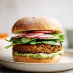 Lentil-Chickpea Veggie Burgers with Avocado Green Harissa Recipe