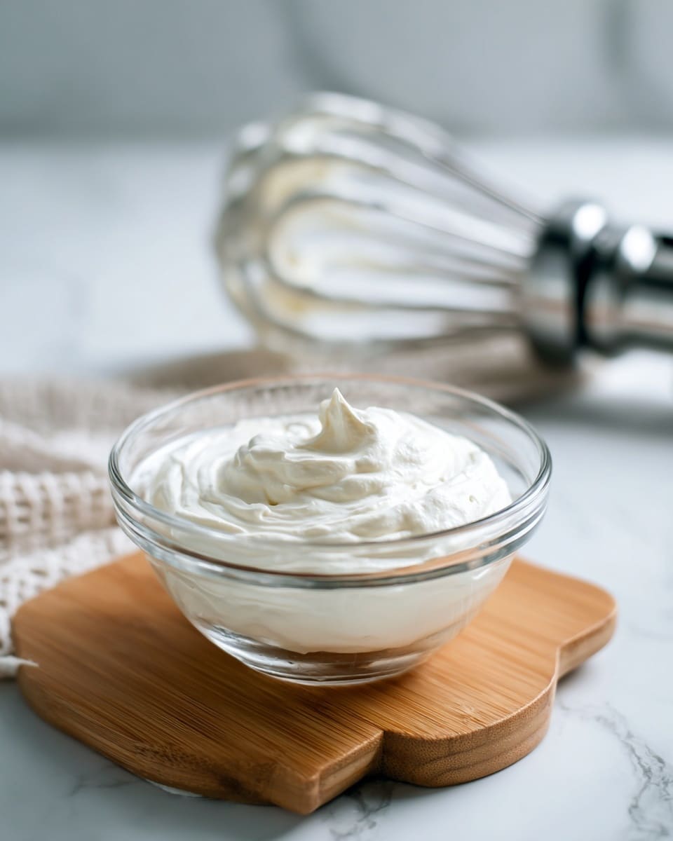 A clear glass bowl filled with a smooth, bright white whipped mixture that looks thick and creamy, sitting on a small wooden board. In the background, slightly blurred, there is a metal mixer whisk coated with the same white mixture. The bowl and whisk rest on a white marbled surface that adds a clean and fresh look to the image. Photo taken with an iphone --ar 4:5 --v 7