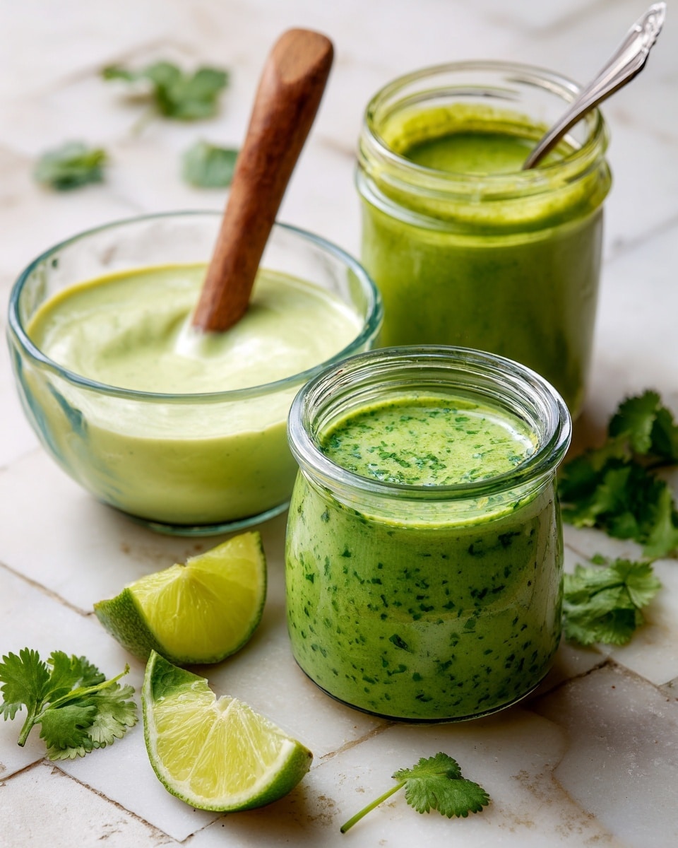 The image shows three containers of green sauces arranged on a white marbled surface. In the front is a glass jar filled with a bright green sauce with small bits of herbs visible inside. Behind it to the left is a clear glass bowl with a lighter green, creamy sauce and a wooden spoon inside. To the right, a smaller clear glass jar holds a medium green sauce with a metal spoon sticking out. In the foreground, there are cut lime wedges and fresh cilantro leaves scattered on the surface. The background is white tiled. photo taken with an iphone --ar 4:5 --v 7
