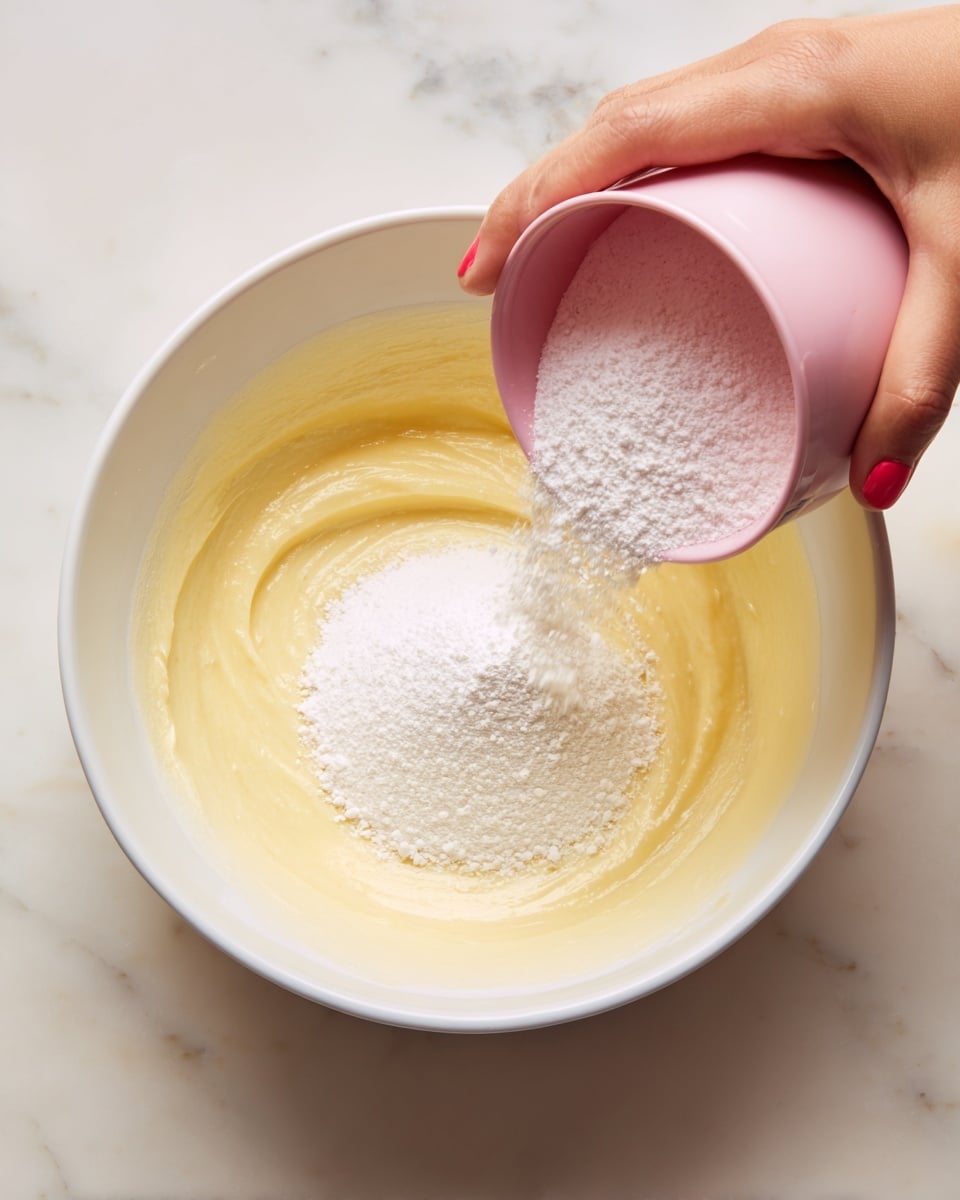 In a clear white mixing bowl sitting on a white marbled surface, there is a creamy yellow mixture inside. A woman's hand is pouring a pink container of fine white powder into the bowl. The mixture inside the bowl has a smooth, soft texture, and the powder contrasts sharply with the cream, covering one side of the bowl’s contents. The overall scene is bright with soft natural light. photo taken with an iphone --ar 4:5 --v 7