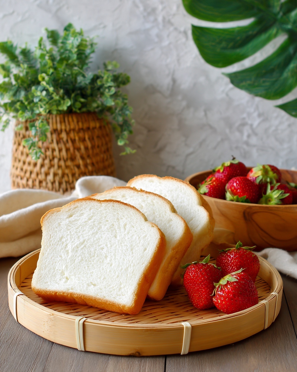 The image shows several slices of white bread placed on a round bamboo tray in the front, with a soft and fluffy texture visible on the bread's white inner part and light brown crust. Behind the bread, a wooden bowl holds bright red strawberries with green leaves, adding a fresh and colorful contrast. The setup sits on a wooden table with a green houseplant in the background, all on a white marbled surface texture. Photo taken with an iphone --ar 4:5 --v 7