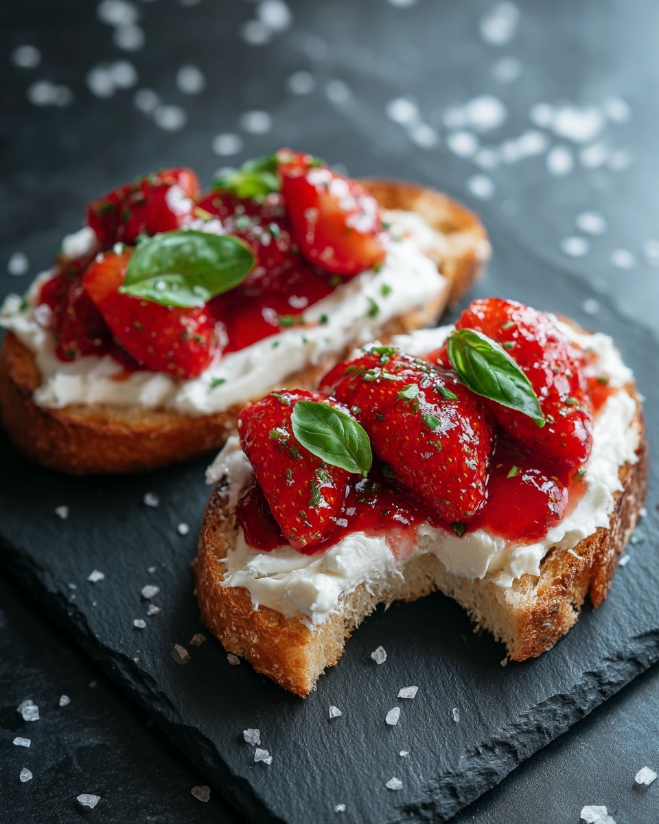 The image shows two slices of toasted bread on a black slate board. Each slice has a thick layer of white creamy spread as the bottom layer. On top of the cream, there are several red strawberries covered in a shiny red syrup. Small green basil leaves are placed on the strawberries, adding a touch of color. One slice has a bite taken out of the corner, showing the texture of the toast. The background has a white marbled texture with some coarse salt sprinkled around the bread. Photo taken with an iphone --ar 4:5 --v 7