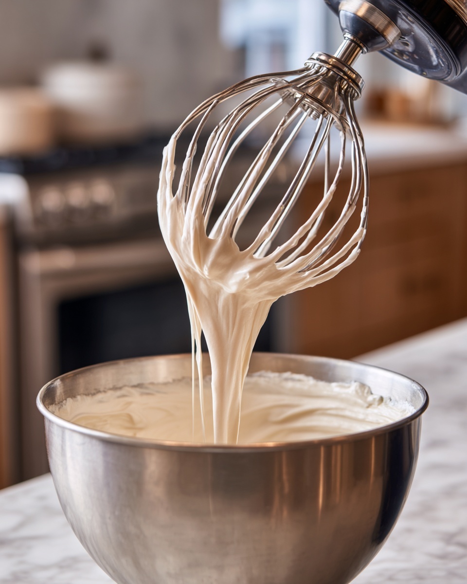 This image shows a silver metal mixer bowl filled with thick, smooth, pale cream being whipped by a metal whisk attachment of a black stand mixer. The creamy mixture clings to the whisk's wires in soft peaks, and flows slowly down into the bowl. Behind the bowl, part of a kitchen setting is visible with brown cabinets and a stainless steel oven. The photo was taken on a white marbled surface. Photo taken with an iphone --ar 4:5 --v 7