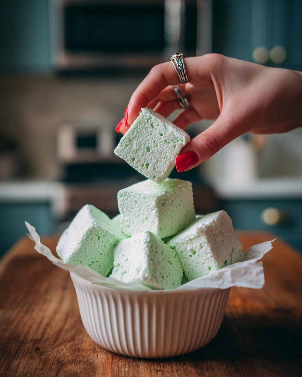 A woman's hand with red painted nails and silver rings is holding a single light green square marshmallow with a soft, airy texture and small bubbles on its surface. Below, a white ribbed ceramic bowl holds a pile of similar light green marshmallows stacked unevenly, some resting on white parchment paper inside the bowl. The scene is set on a wooden surface with a blurred kitchen background featuring dark cabinets and a stainless steel microwave. The overall look is soft and inviting. photo taken with an iphone --ar 4:5 --v 7