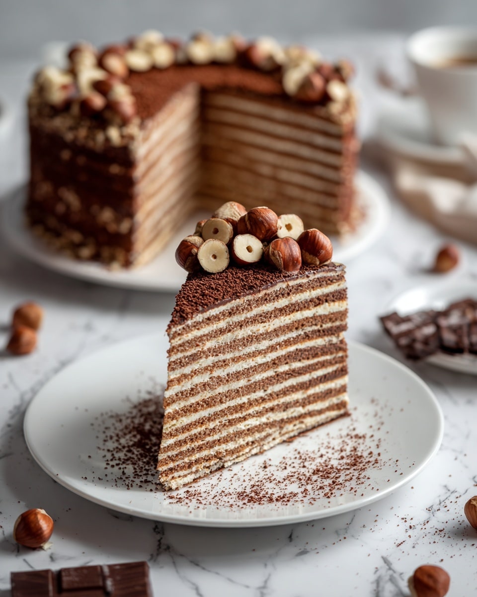 A slice of layered chocolate cake with about ten thin, even layers stacked, each layer showing chocolate cream and cake alternating in light and dark brown tones. The top of the slice is covered with whole and halved hazelnuts, and there are small chocolate shavings sprinkled on and around the slice on a black plate. In the background, the rest of the cake without the slice is visible on a black plate, also topped with hazelnuts and chocolate shavings, all placed on a white marbled surface. photo taken with an iphone --ar 4:5 --v 7