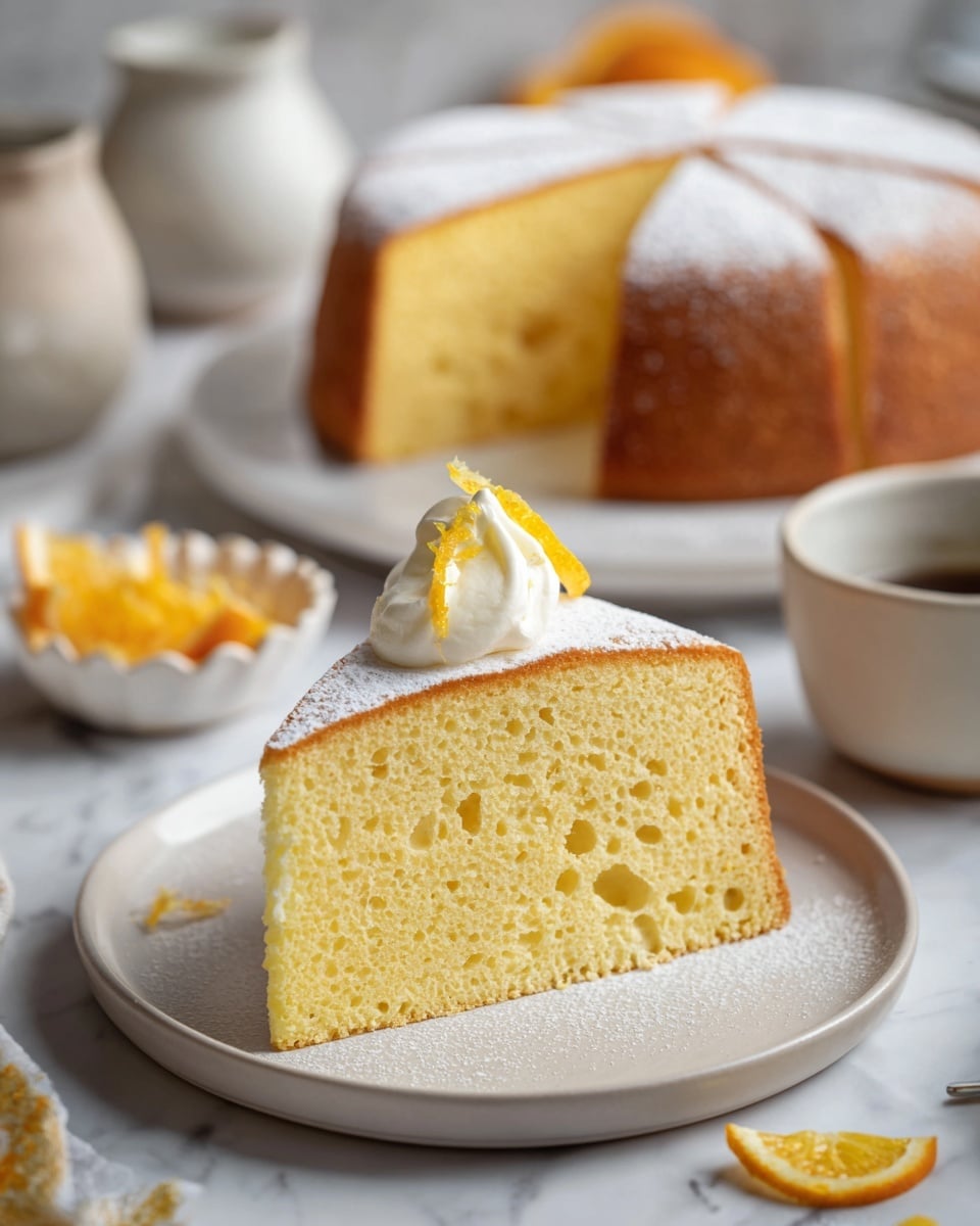A single thick slice of light yellow sponge cake sits on a white plate, dusted with powdered sugar, showing a soft and spongy texture with small holes throughout. The cake slice is topped with a dollop of white cream and a small piece of yellow candied citrus peel. Behind this slice, a white plate holds the rest of the round cake, cut into multiple similar slices. The scene is set on a white marbled surface with blurred dishes and a cup in the background, both in neutral tones, with a few extra slices of candied citrus on a small white dish to the side. photo taken with an iphone --ar 4:5 --v 7