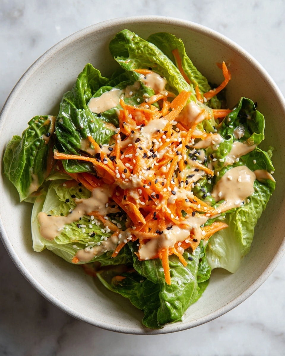 A white bowl holds a simple salad with three main layers: the bottom is light green lettuce leaves, large and slightly wrinkled; on top, thin, bright orange shredded carrot strips are scattered evenly; the final layer shows a creamy, pale beige dressing drizzled over the lettuce, sprinkled lightly with small sesame seeds. The bowl sits on a white marbled surface with a soft natural light. photo taken with an iphone --ar 4:5 --v 7