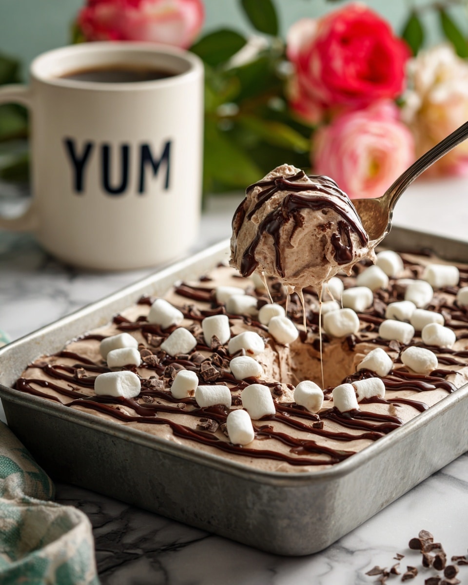 A rectangular metal pan holds a creamy chocolate dessert with a smooth, light brown layer filling the pan. On top are scattered small white marshmallows, some browned on the edges, and thin dark brown chocolate drizzle lines spread across the surface. A metal spoon scoops from the side, lifting a portion showing the creamy texture beneath the marshmallows and drizzle. The background features a blurred white marbled surface, soft green leaves, a pink and red rose, and a white mug with