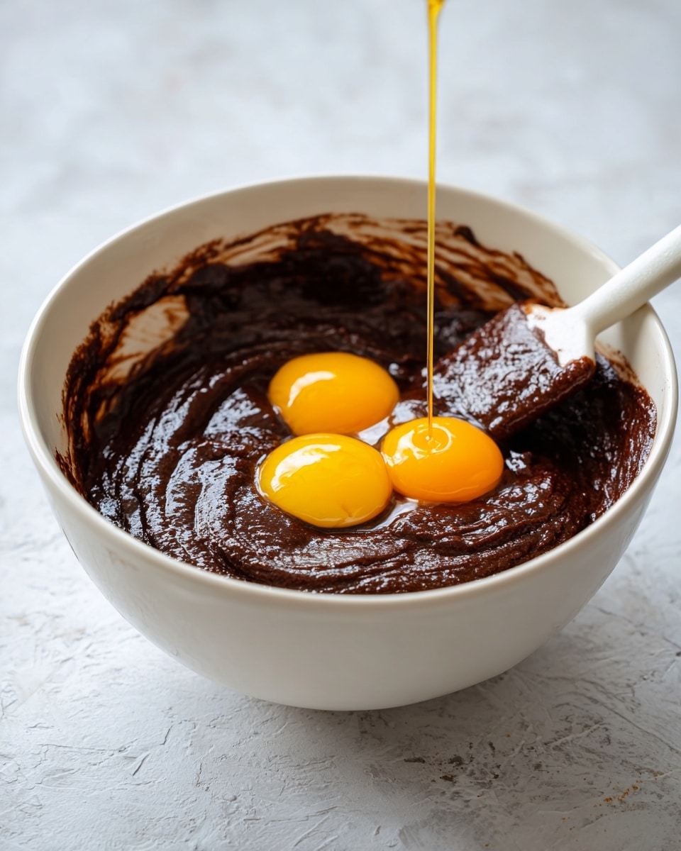 A close-up view of a clear white bowl filled with thick, dark brown chocolate batter. Two bright orange egg yolks float on top of the batter in the bowl. A white spatula with a bit of chocolate batter clinging to its flat blade is immersed in the mixture, stirring gently. A thin stream of clear liquid is pouring down into the bowl from above. The bowl sits on a white marbled textured surface. photo taken with an iphone --ar 4:5 --v 7