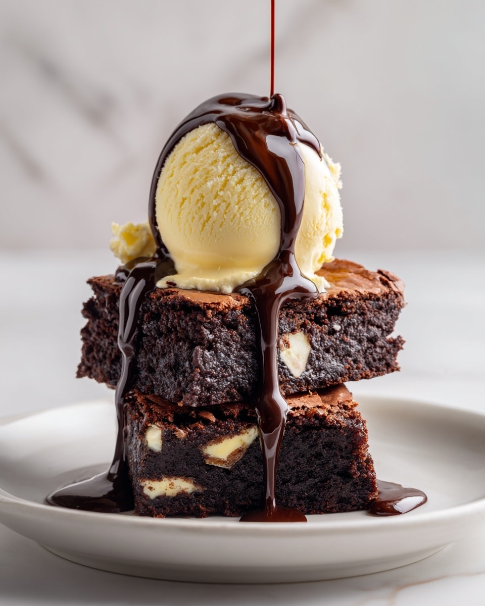 A close-up view of two thick square brownies stacked neatly on a white plate, each brownie showing a dense, dark brown texture with visible white chocolate chunks inside. On top of the upper brownie, there is a round scoop of pale yellow vanilla ice cream. Dark chocolate sauce is being poured over the scoop, flowing down the sides in shiny, smooth ribbons. The plate rests on a white marbled surface with soft lighting, emphasizing the rich textures and colors of the dessert. Photo taken with an iphone --ar 4:5 --v 7