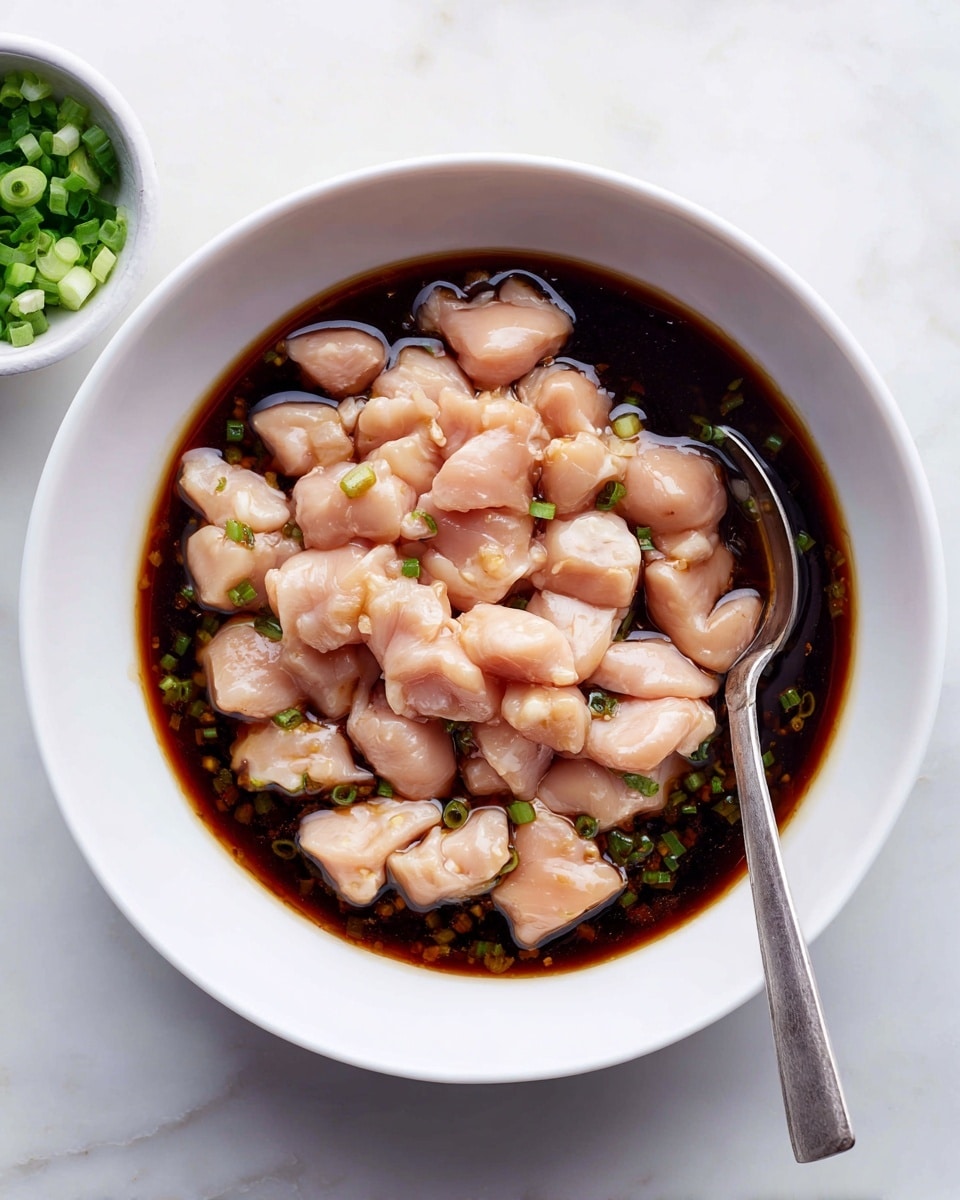 This image shows a white bowl filled with dark brown soy sauce covering many pieces of raw chicken. The chicken pieces are light pink with some white parts showing, mixed evenly all over the thick liquid. A silver spoon rests in the bowl on the right side, partially submerged in the sauce and chicken. In the upper left corner, a small part of another white bowl with chopped green onions is visible. The bowls sit on a white marbled surface. Photo taken with an iphone --ar 4:5 --v 7