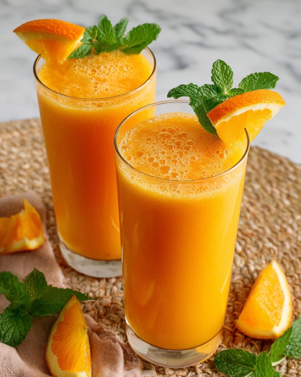 There are three tall clear glasses filled with a thick bright orange drink. Each glass is decorated with a small green mint leaf and a thin orange slice on the rim near the top. In front of the closest glass, there are a few orange fruit pieces with black seeds and more fresh green mint leaves scattered on a white marbled surface. The background is softly blurred white, highlighting the vibrant orange drink and green garnishes. photo taken with an iphone --ar 4:5 --v 7