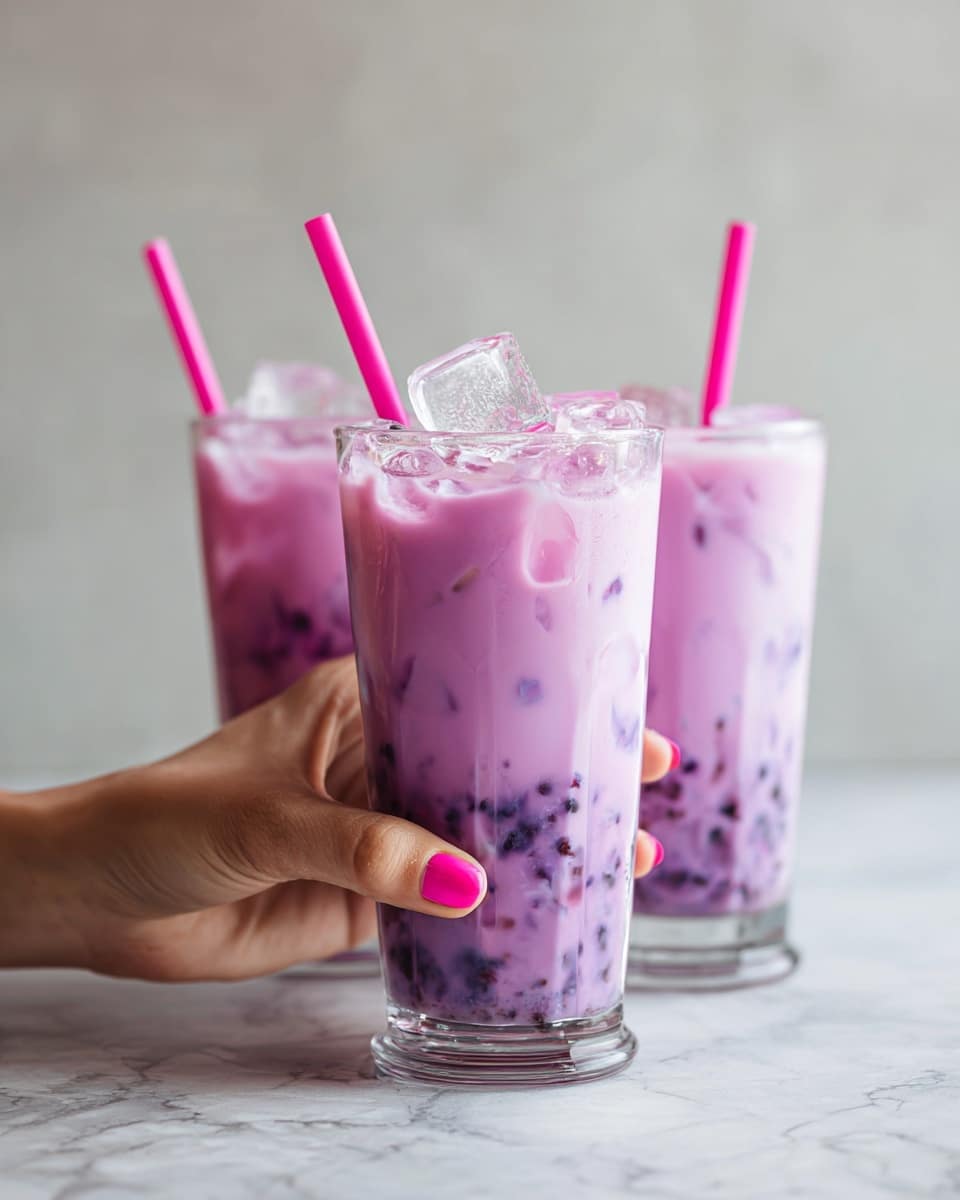 Three clear glasses are filled with a purple creamy drink that has small dark purple pieces inside. Each glass has large clear ice cubes on top. Pink straws are placed in each glass, and a woman's hand with bright pink nail polish is holding the glass in the front. The glasses are on a white marbled surface with a light blurred background. Photo taken with an iphone --ar 4:5 --v 7