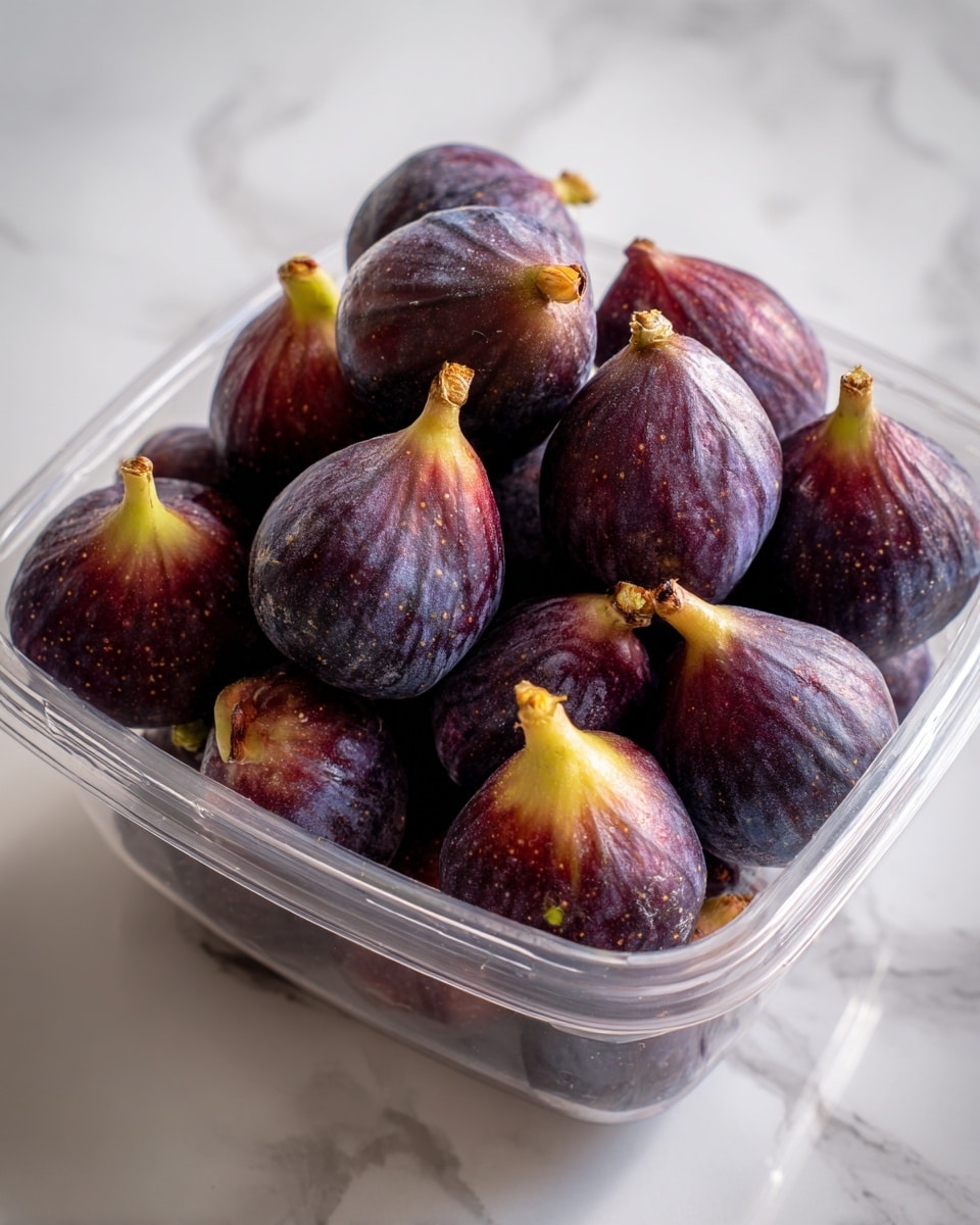 The image shows a clear container filled with many whole figs. The figs are mainly deep purple with hints of reddish and yellow near their stems. They have a smooth, slightly shiny skin texture with some natural spots. The container sits on a white marbled surface that reflects a soft natural light. photo taken with an iphone --ar 4:5 --v 7