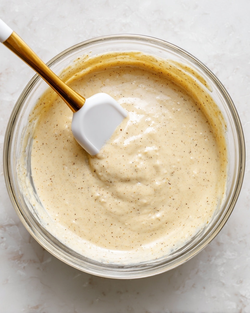 A clear glass bowl sits on a white marbled surface, filled halfway with a light beige, smooth batter speckled with tiny dark dots. A white spatula with a shiny gold handle is partially dipped into the batter on the left side of the bowl, its surface coated and blending softly into the batter. The batter has a creamy texture with subtle bubbles and slight thickness, showing movement as it slightly clings to the bowl’s edge. Photo taken with an iphone --ar 4:5 --v 7