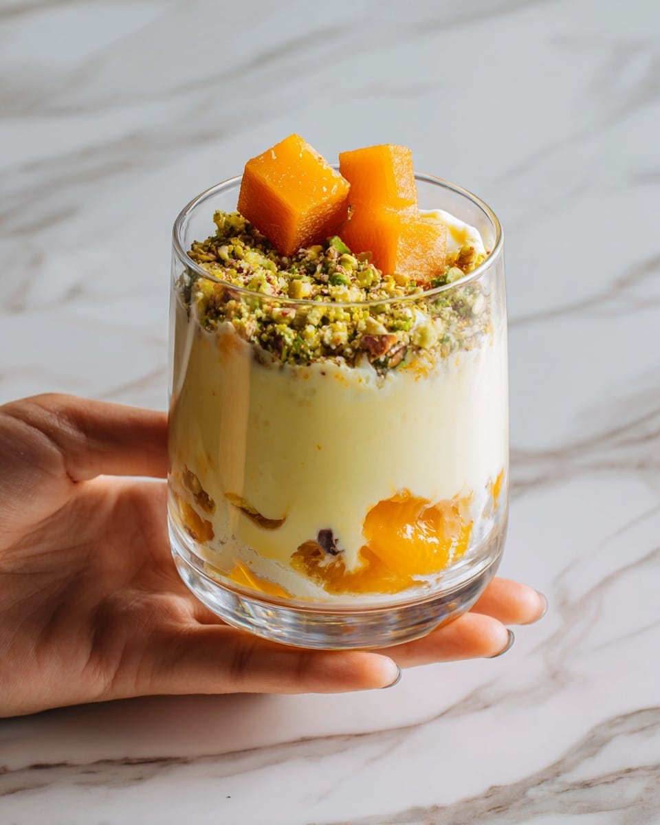 The image shows a clear glass with a creamy yellow dessert inside. The dessert is layered with small pieces of bright orange fruit mixed into the creamy base, seen mostly in the middle section. On top, there is a layer of greenish crushed nuts or seeds, adding texture. Two small cube-shaped orange fruit pieces rest on the top center of the glass. The glass is held by a woman's hand, set against a white marbled surface. Photo taken with an iphone --ar 4:5 --v 7