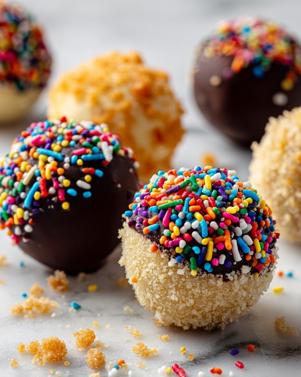 The image shows small round dessert balls in three different types on a white marbled surface. One type is coated in smooth dark chocolate with some colorful sprinkles on top and a crumbly texture near the base. Another type is covered in a light crumbly coating, with pieces of orange sprinkles stuck to it. The last type has a beige base layer covered completely with bright multicolored sprinkles. The balls are arranged closely together, with scattered crumbs and sprinkles around them. Photo taken with an iphone --ar 4:5 --v 7