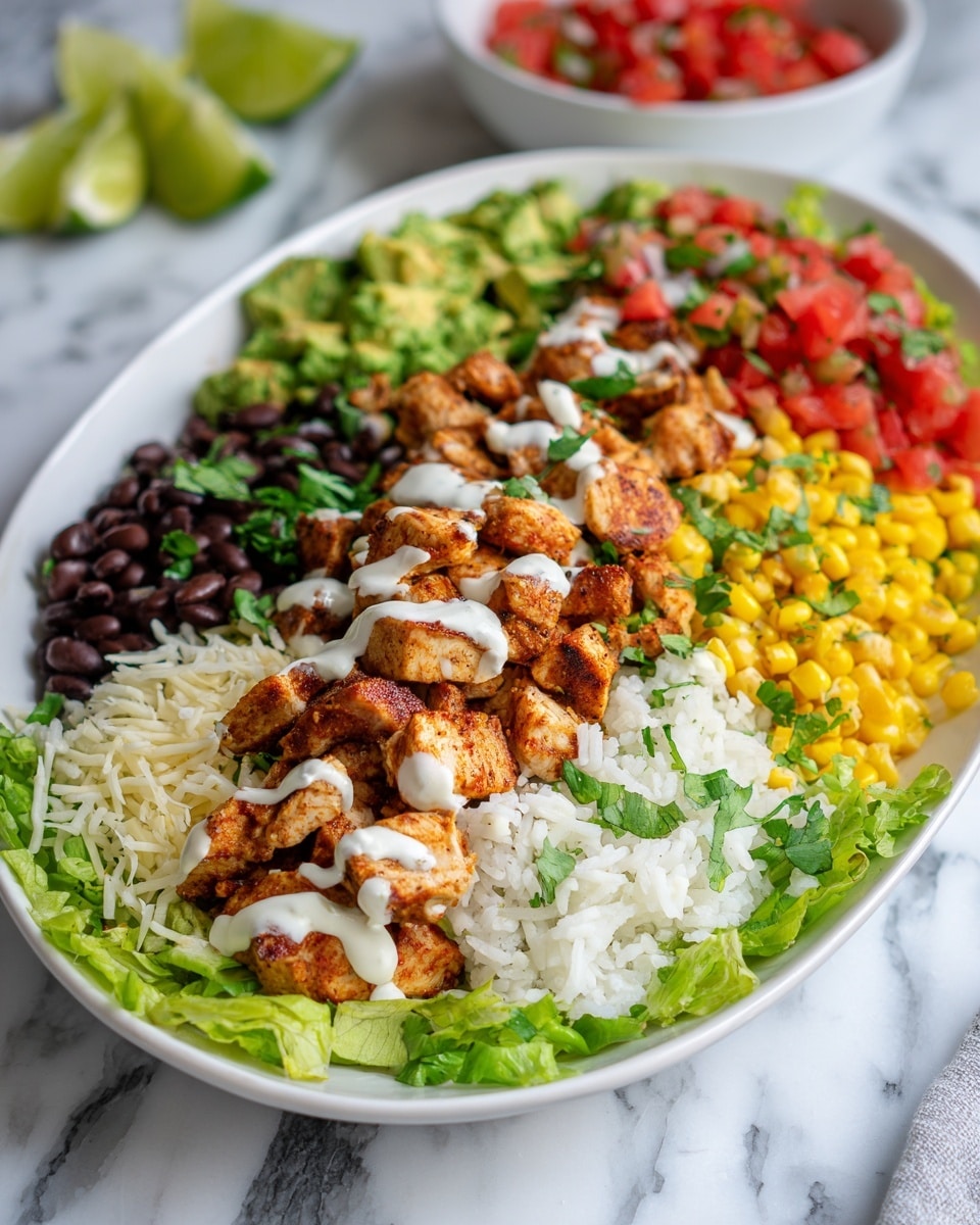 A white oval plate on a white marbled surface holds a colorful layered meal. Starting from the bottom edge, there is a green leafy layer of chopped lettuce. Above the lettuce, a layer of white shredded cheese spreads across the plate. Next, a layer of cooked white rice sits beside pieces of cooked brown chicken seasoned with spices and drizzled with a light white sauce. Above the chicken and rice, black beans form a thick, shiny black layer. To the right of the beans, there is a bright yellow layer of corn kernels. At the top, small diced pieces of red tomato mixed with green herbs and avocado chunks finish the plate, also lightly drizzled with white sauce. The background shows a blurred white bowl filled with diced red tomato salsa and lime wedges on the white marbled surface. photo taken with an iphone --ar 4:5 --v 7