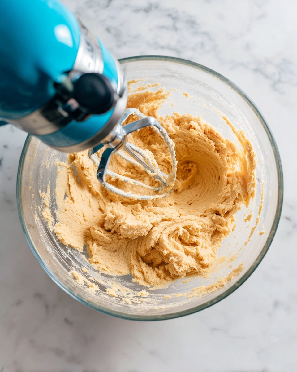 A close-up top view of a glass mixing bowl filled with light brown cookie dough. The dough has a thick, smooth, and creamy texture with some slight lumps. A blue and black electric mixer is partially visible above the bowl, with the beaters inside the dough. The bowl is placed on a white marbled surface, and some dough is stuck on the sides of the bowl. photo taken with an iphone --ar 4:5 --v 7