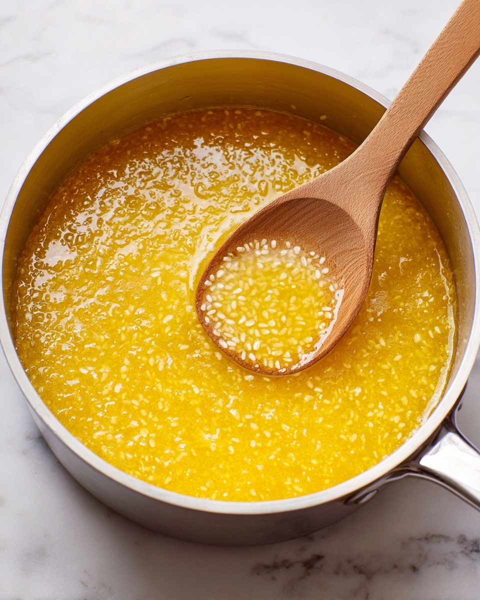 A close-up view of a pot filled with bright yellow-orange broth with small grains of white rice cooking in it. The surface of the broth is smooth with some bubbles and slight ripples, showing gentle movement. A wooden spoon rests inside the pot, partially lifting a scoop of rice and broth, its light brown color contrasting with the vibrant liquid. The pot has a visible silver rim and is placed on a white marbled surface. Photo taken with an iphone --ar 4:5 --v 7
