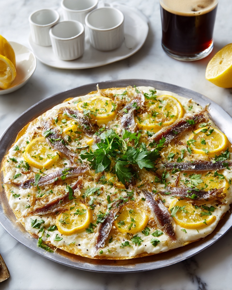 The dish is a thin pizza on a round silver tray, placed on a white marbled surface. It has one layer of a light cream-colored base topped with thin yellow lemon slices evenly spread out. On top of the lemon slices, there are strips of brown anchovies arranged in a scattered pattern. Small green herbs are sprinkled all over the pizza for garnish, with a small bunch of fresh green parsley placed in the center. In the background, there is a glass with dark beer and some small white ramekins, along with a halved lemon on the white marbled surface. Photo taken with an iphone --ar 4:5 --v 7