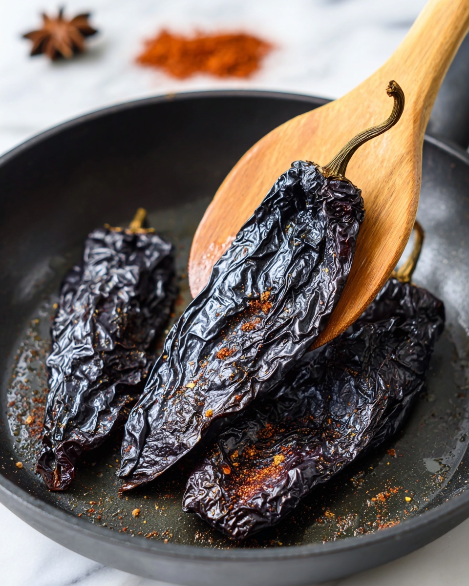 The image shows three dark, wrinkled dried chili peppers being toasted in a black pan. A wooden spatula is touching one chili, lifting it slightly. The chilies have a shiny, slightly oily texture and wrinkled skin. In the background on a white marbled surface, there are some scattered dried spices, adding a rustic feel to the scene. photo taken with an iphone --ar 4:5 --v 7