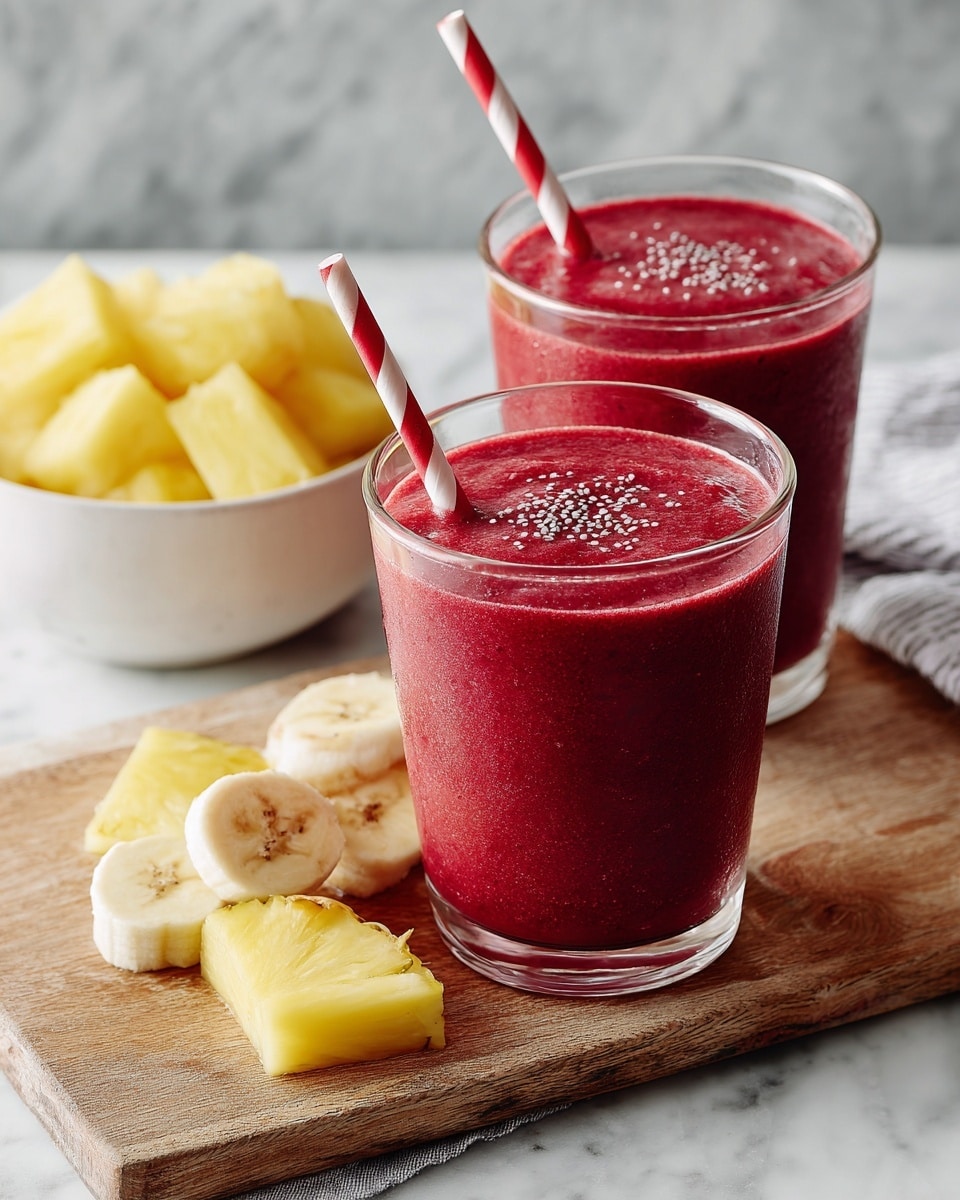Two clear glasses filled with thick bright red smoothie topped with small white seeds sit on a light wooden board, each glass holding a red and white striped straw. Three slices of banana are placed at the front left corner of the board. Behind the glasses, a white bowl contains yellow pineapple chunks. The scene is set on a white marbled surface. photo taken with an iphone --ar 4:5 --v 7
