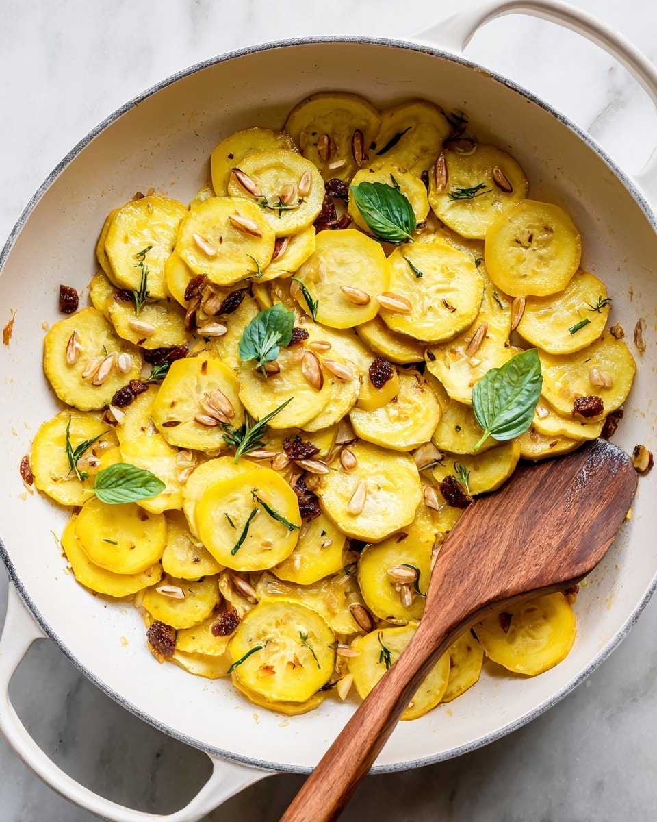 A white pan filled with thin, yellow slices of cooked squash spread out unevenly, some pieces showing light browning. Mixed throughout are small, dark brown raisins adding contrast. On top, scattered light brown almond slivers are visible, along with a few bright green fresh basil leaves placed randomly for a fresh touch. A wooden spatula rests inside the pan among the ingredients. The pan sits on a white marbled surface. Photo taken with an iphone --ar 4:5 --v 7