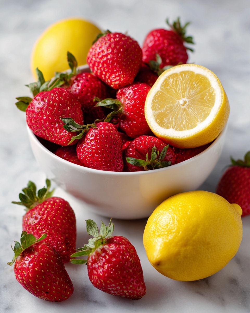A white bowl filled with bright red strawberries and whole yellow lemons, including one lemon sliced in half placed near the center, showing the juicy inner texture. The strawberries have small seeds and green leafy tops, scattered naturally around and slightly overlapping the lemons. Outside the bowl, a few strawberries rest on a white marbled surface, adding depth to the scene. The colors are vivid and fresh with strong contrast between the red fruit and yellow lemons, giving a clean and vibrant look. Photo taken with an iphone --ar 4:5 --v 7