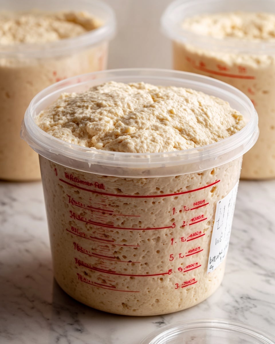 A close-up image shows a large clear plastic container filled with light beige dough that has risen to the top, displaying a spongy, bubbly texture with many small holes. The container has red measurement markings on the side, showing it is filled just above the 6-quart line. A white label with handwritten text is partially visible on the side. The container sits on a surface with a white marbled texture, and in the background, there is another similar container also filled with dough. A clear plastic lid lies beside the container in the foreground. Photo taken with an iphone --ar 4:5 --v 7
