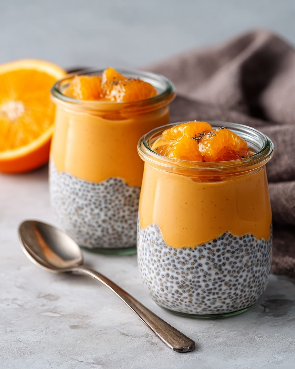 There are two small clear glass jars filled with a dessert that has three layers. The bottom layer is white with small black chia seeds spread evenly with orange fruit pieces mixed in. The top layer is a smooth light orange sauce that covers the jar. The jars are on a white marbled surface, with a metal spoon nearby and a gray cloth in the background. There is a halved orange placed on the left side behind the jars. photo taken with an iphone --ar 4:5 --v 7