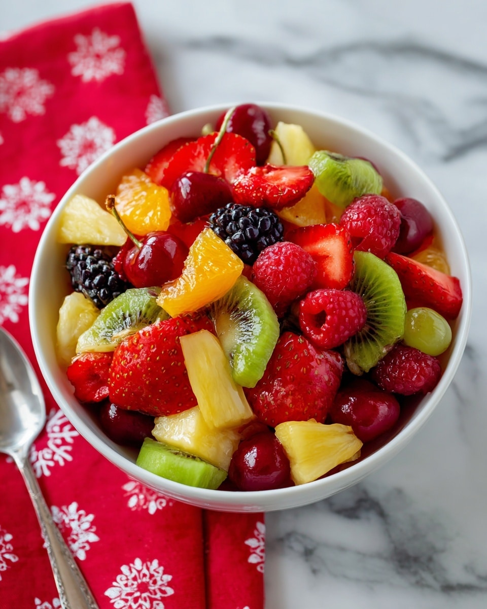 The image shows a white bowl filled with a colorful fruit salad on a white marbled surface. The salad has multiple layers of fresh fruit pieces including bright red strawberries, deep red cherries, green kiwi slices with visible seeds, yellow pineapple chunks, orange melon pieces, black blackberries, red raspberries, and a few light green grapes scattered on top. The fruits are cut into bite-sized pieces and arranged closely together, showing a mix of round and sliced textures. The bowl sits on a red cloth with a white pattern and there is a silver spoon near it. Photo taken with an iphone --ar 4:5 --v 7