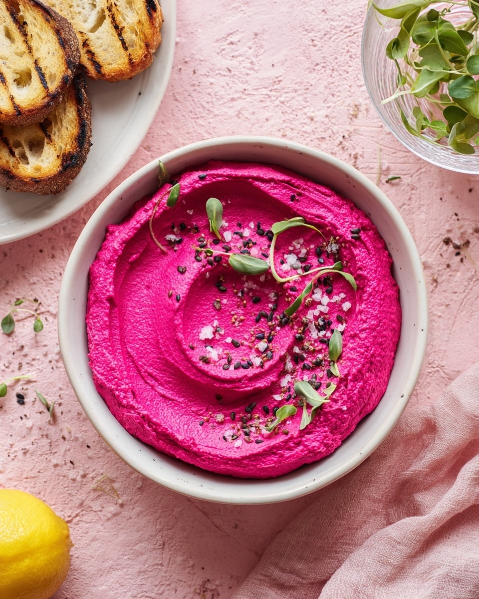 A round white bowl filled with a thick layer of bright pink beet hummus, swirled smoothly on top; the surface is sprinkled with small black seeds and a few tiny green sprigs scattered mostly towards the right side; the bowl sits on a pink surface with a slightly rough texture. In the top left corner, slices of toasted bread with visible grill marks rest on a white plate, and on the right edge, a glass bowl holds fresh bright green leaves. Small black seeds and white coarse salt flakes are scattered lightly around the bowl. A yellow lemon is at the bottom left corner, and a woman’s hand towel with pink color is partly visible near the toasted bread. photo taken with an iphone --ar 4:5 --v 7