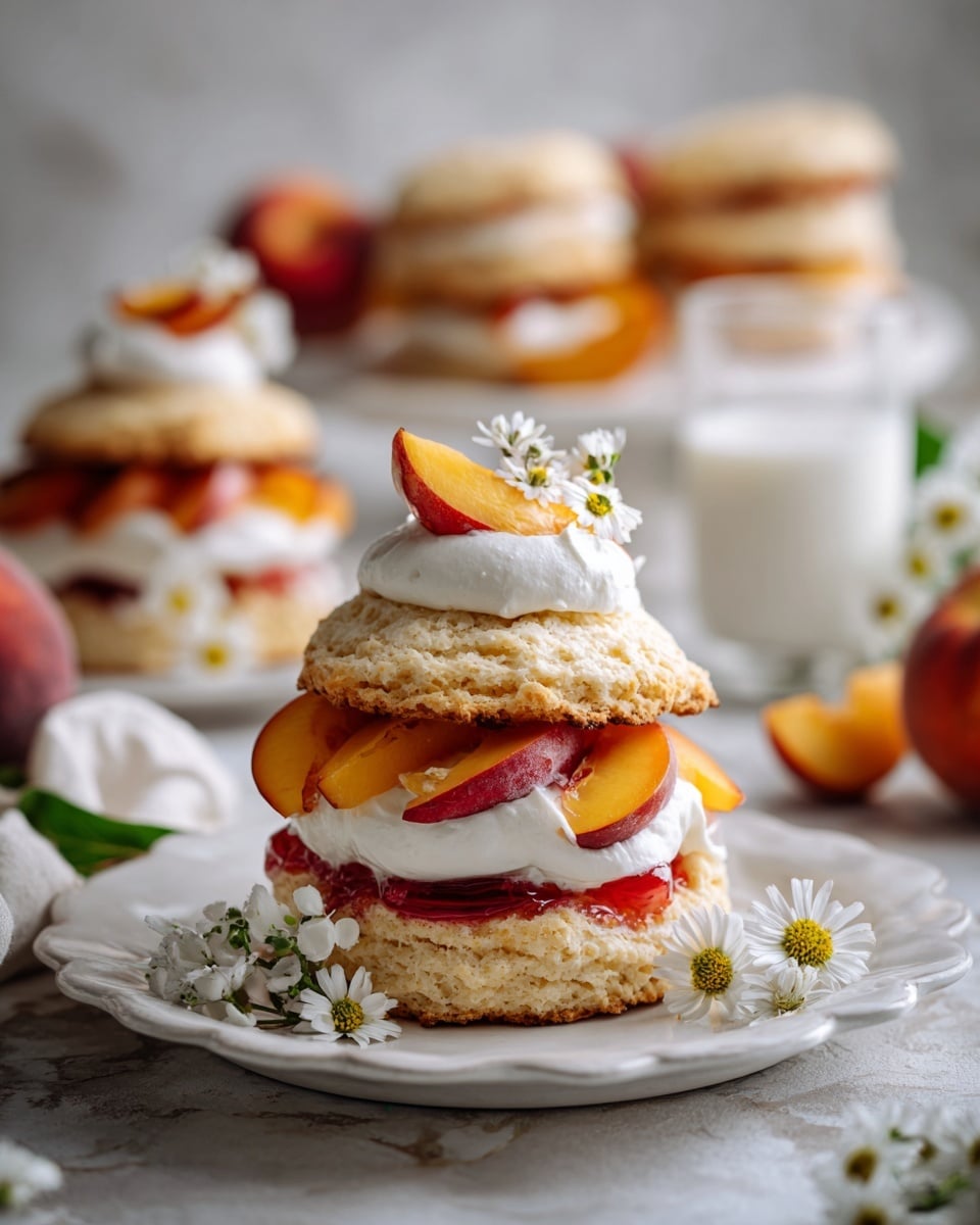A stack of two round, light golden biscuits with a soft, crumbly texture sits on a white plate with scalloped edges. Between the biscuits is a thick layer of white whipped cream, topped with slices of red and orange glazed peaches. Another dollop of whipped cream and peach slices rest on top of the stack. In the background, there are blurred stacks of the same dessert, some scattered peach slices, small white flowers with yellow centers on a white marbled surface, and a glass of milk. photo taken with an iphone --ar 4:5 --v 7