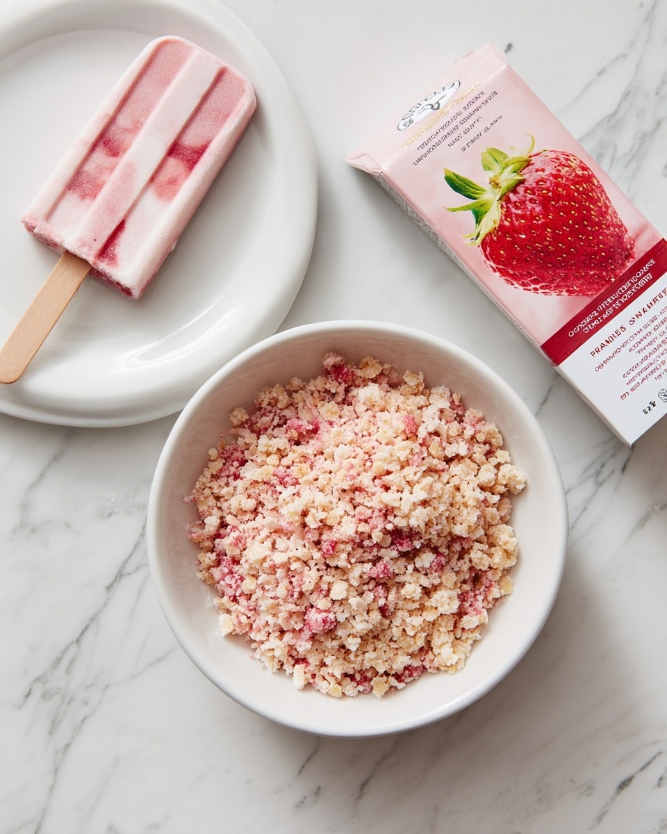 The image shows a close-up of a white bowl filled with small crumbly pieces in layers of pinkish red and light beige colors, resembling crushed cereal or granola. Next to the bowl, on the left side, there is a white plate holding a pink and white layered ice cream bar with a wooden stick, and part of a six-pack container with red and white packaging is visible, featuring a large strawberry picture and text. The whole scene is set on a white marbled surface. photo taken with an iphone --ar 4:5 --v 7