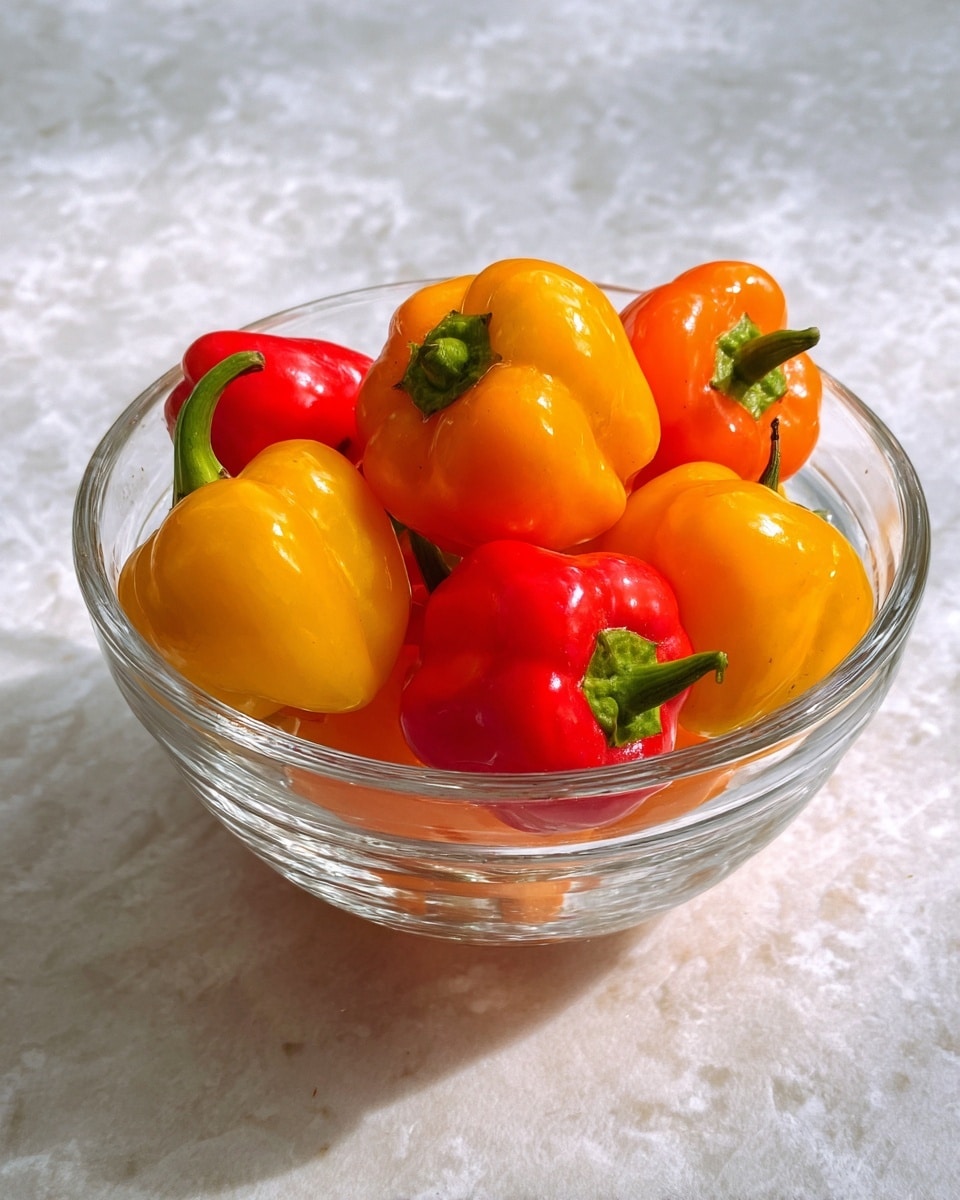 A clear glass bowl filled with small, colorful peppers stacked naturally inside. The peppers show bright yellow and orange-red colors with smooth, shiny skins, some leaning against others. The bowl sits on a white marbled surface with soft lighting highlighting the glossy textures of the peppers. photo taken with an iphone --ar 4:5 --v 7