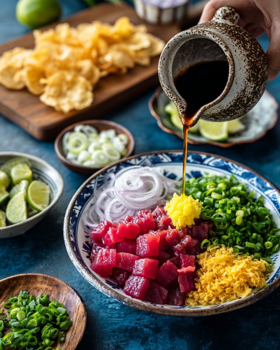 A white bowl with a blue rim holds the dish, showing a base layer of bright pink cubed raw fish. On top of the fish, there are two separate piles: thin white onion slices on one side and chopped green onions on the other, with a small dollop of grated yellow ginger placed near the green onions. A woman’s hand is pouring dark soy sauce from a textured ceramic pot over the ingredients. Around the bowl, there are small dishes with more chopped green onions, sliced white onions, lime wedges, a plate with a sesame and herb mix, and a bowl of golden round crispy chips. The scene is set on a dark blue surface with a wooden cutting board holding extra onion slices in the background. Photo taken with an iphone --ar 4:5 --v 7