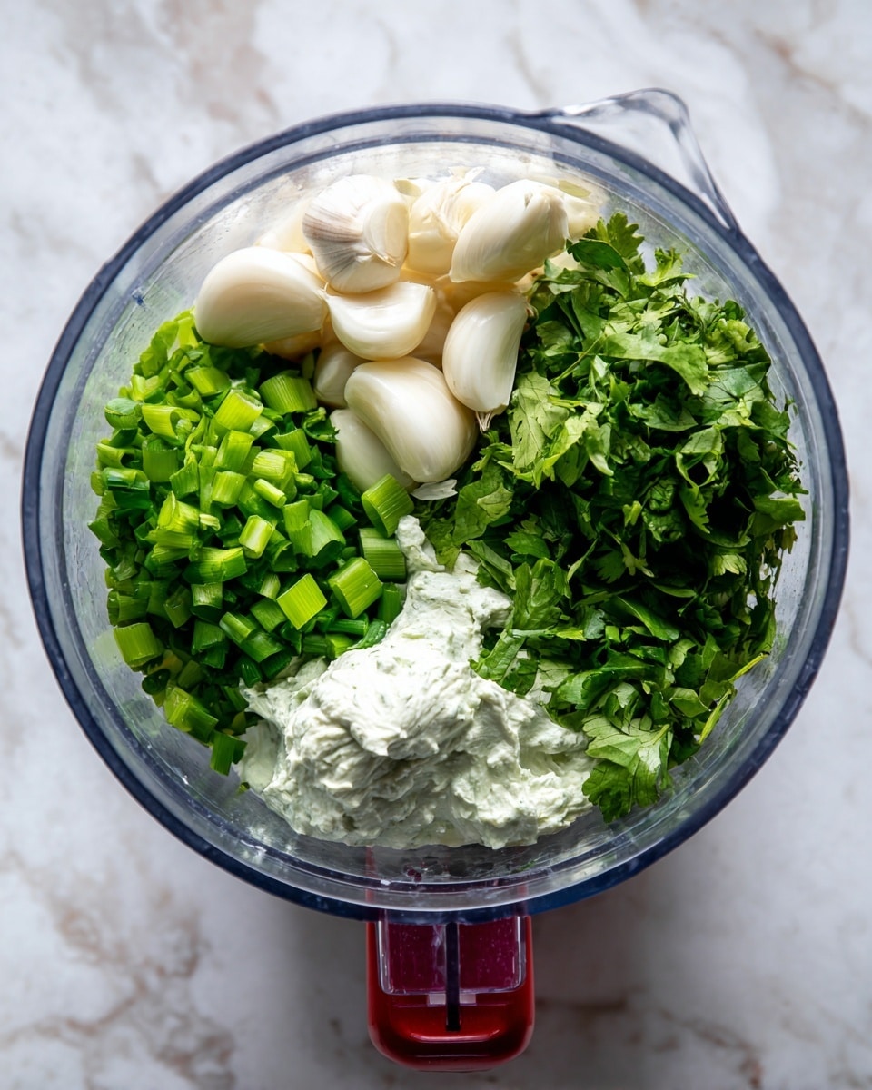 A top view of a clear blender bowl filled with fresh ingredients ready to be mixed. The bottom layer has bright green chopped scallions and vibrant green cilantro leaves on the right side. On the left, there are several whole white garlic cloves. The top right section is covered with a dollop of white creamy sauce. The textures vary from smooth cream to leafy herbs, all inside the clear bowl with a red base and handle visible. The background is a white marbled texture photo taken with an iphone --ar 4:5 --v 7