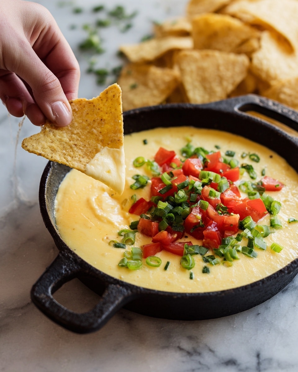 A small black cast iron pan holds a smooth, creamy yellow cheese dip as the base layer. On top at the center, there are chopped red tomatoes and bright green sliced scallions scattered. A woman's hand is dipping a triangular, light yellow corn chip into the cheese, with the chip partially covered with melted cheese. To the right on a white marbled surface, there is a scattered pile of additional corn chips. In the blurred background, some green herbs are visible. Photo taken with an iphone --ar 4:5 --v 7