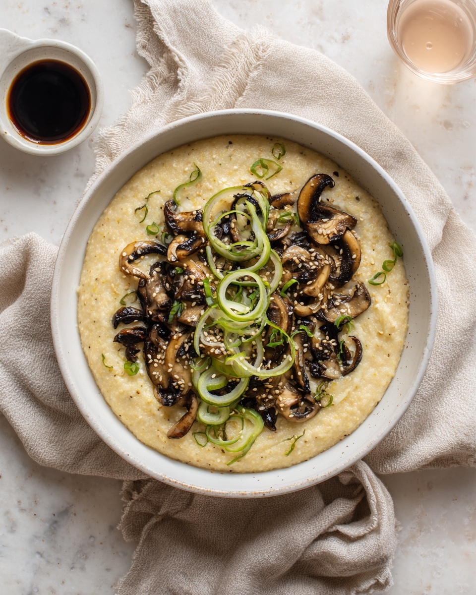 A white bowl holds a smooth, creamy pale yellow base that looks like soft porridge or grits. On top, there are multiple dark brown, sautéed mushroom slices arranged mainly in the center, creating a textured and uneven layer. Next to the mushrooms, there are curled thin green onion strips forming neat spirals, adding fresh green color to the dish. Tiny light tan sesame seeds are sprinkled over the entire bowl, creating little specks of contrast. The bowl is placed on a light beige cloth with a small white dish of dark soy sauce on the top left and a glass of light pink liquid on the top right, all set against a white marbled background. photo taken with an iphone --ar 4:5 --v 7