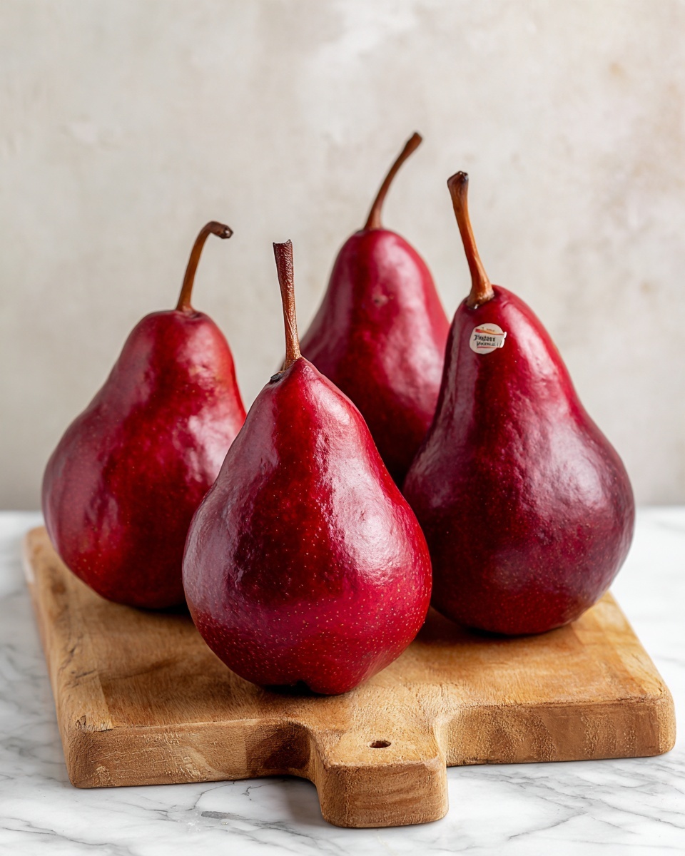 Five red pears with brown stems stand upright on a wooden cutting board with a handle, which is placed on a white marbled surface. The two pears in the front are larger and shinier, with one showing a small sticker on its side, and the three pears in the back are slightly smaller with a deeper red, matte texture. The background is a smooth, light-colored wall, keeping attention on the pears. photo taken with an iphone --ar 4:5 --v 7
