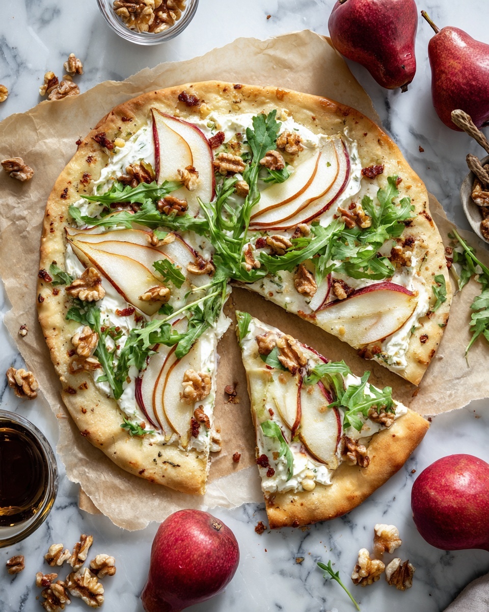 A round flatbread pizza with a light golden-brown crust sits on parchment paper, on top of a white marbled surface. The pizza has one slice cut out and slightly pulled away. The base layer is creamy white cheese spread unevenly across the dough, topped with thin slices of red-skinned pear arranged in a circular pattern. Sprinkled on top are small pieces of cooked bacon and clusters of toasted brown walnuts, adding different textures. Bright green arugula leaves are scattered lightly over everything, adding fresh color and a bit of height. Around the pizza on the surface are whole and halved red pears, a small glass bowl of walnuts, and a small dark bowl with a liquid, enhancing the natural, fresh look. photo taken with an iphone --ar 4:5 --v 7