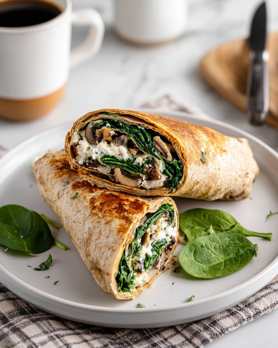 The image shows a white plate with a toasted wrap cut in half, placed side by side. The wrap has a golden-brown crispy outer layer with a soft, light brown whole wheat texture. Inside the cut half, there are three visible layers: fresh green spinach leaves, white creamy cheese, and small pieces of browned textured mushrooms or meat. Around the wrap on the plate, there are a few fresh spinach leaves as garnish. The plate sits on a white marbled surface with a checkered cloth and parts of a coffee cup and a knife visible at the edges. Photo taken with an iphone --ar 4:5 --v 7