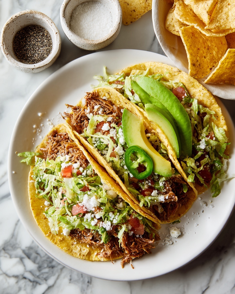 A white plate holds an open tortilla with three main layers: the bottom layer is a light golden-brown crisp tortilla, topped with a generous portion of shredded brown meat mixed with finely chopped green lettuce and tiny pieces of red tomatoes; the top layer includes a bright green slice of avocado and a slice of fresh green jalapeño pepper, with a sprinkle of white cheese on the avocado. The plate sits on a white marbled surface, surrounded by two small rustic white bowls—one with black seasoning and one with white seasoning—and scattered tortilla chips at the top right. Photo taken with an iphone --ar 4:5 --v 7